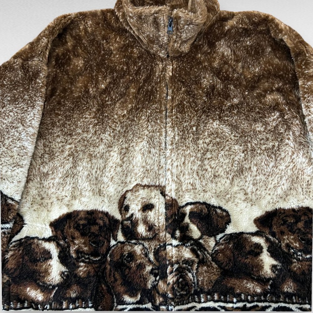Vtg Cobblestone Canyon Full Zip Fleece Jacket Women Dog All Over Print Large USA - Picture 3 of 5